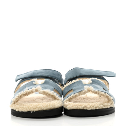 Hermes Suede Goatskin Woolskin Womens Chypre Sandals 38.5 Bleu Pinede Ecru 2 of 8