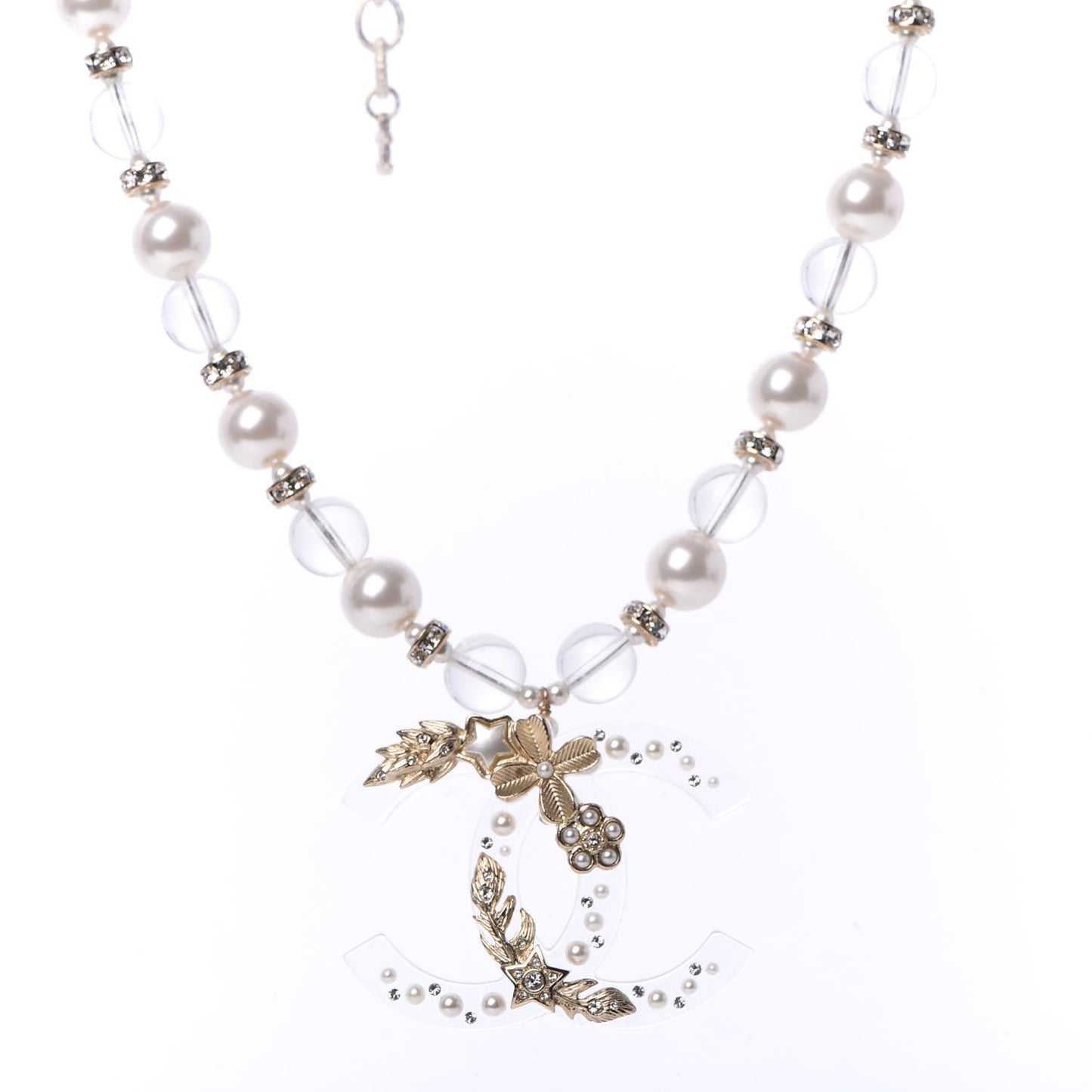 Resin Pearl Crystal CC Necklace Pearly White Transparent Gold