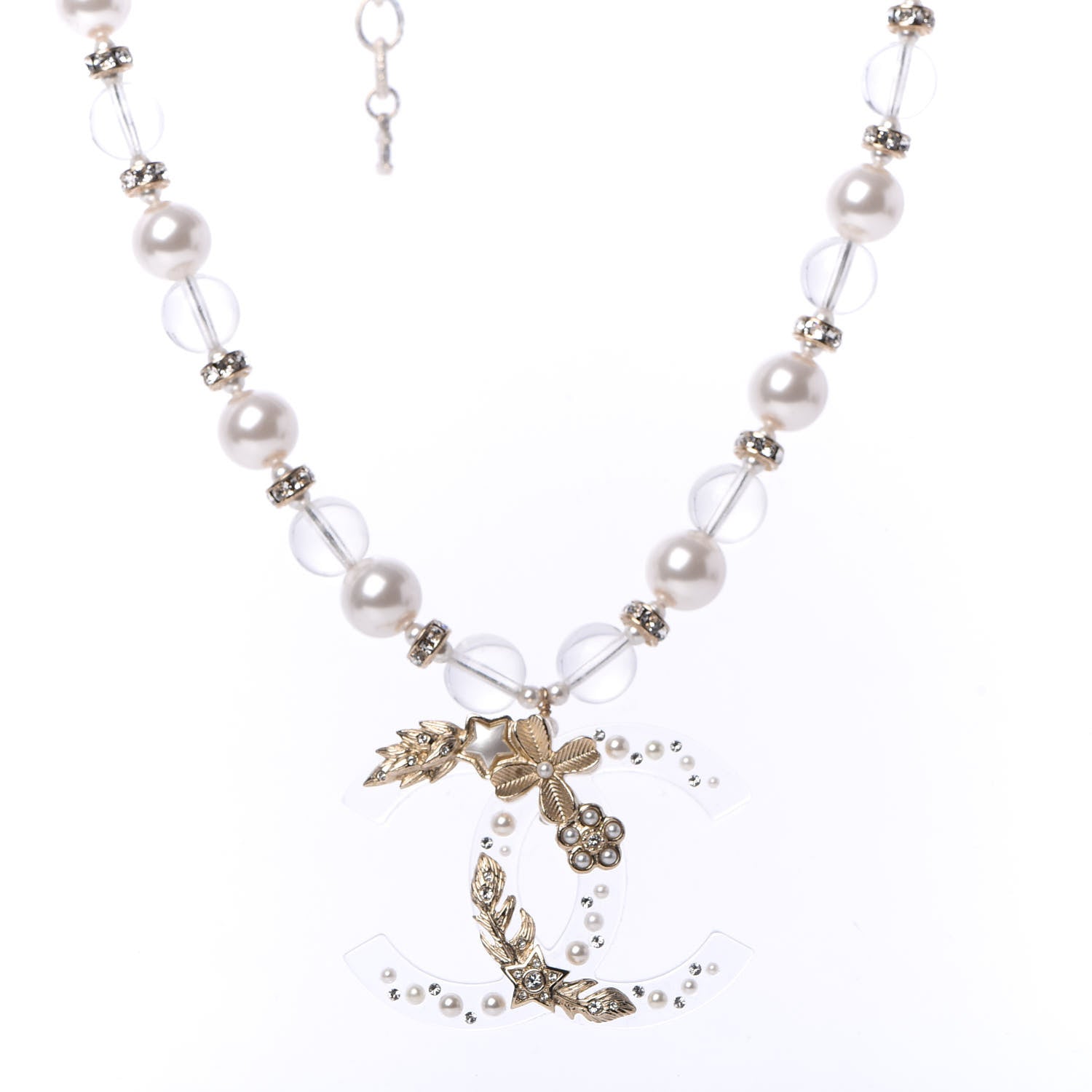 Chanel Resin Pearl Crystal CC Necklace Pearly White Transparent Gold 4 of 6