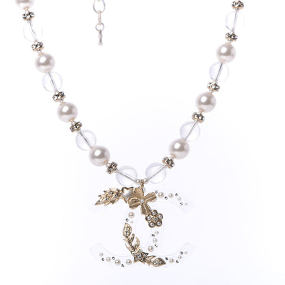 Chanel Resin Pearl Crystal CC Necklace Pearly White Transparent Gold 4 of 6
