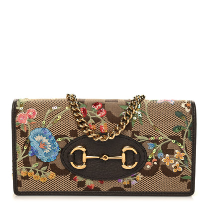 Gucci Monogram Jumbo GG Textured Dollar Calfskin Embroidered Horsebit 1955 Wallet On Chain Camel Ebony New Acero Multicolor 1 of 11