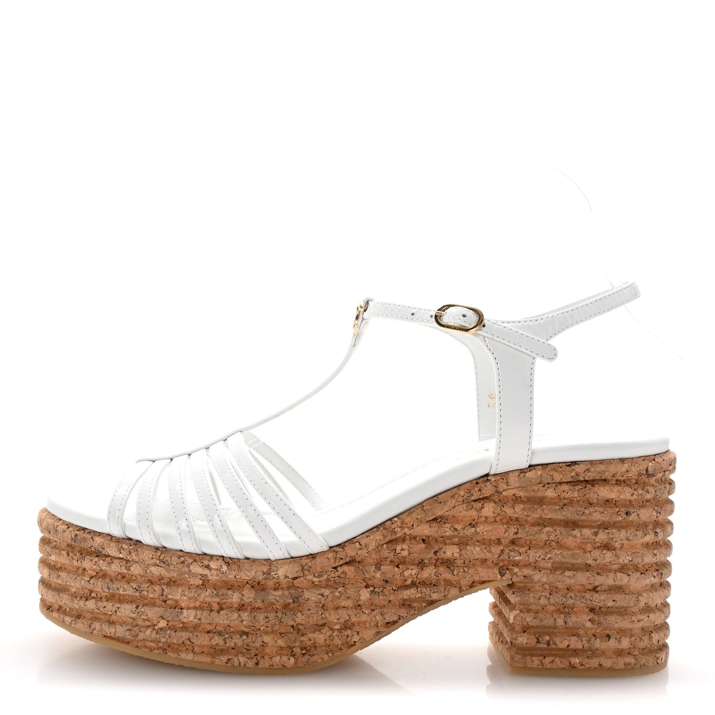 Patent Cork CC Ankle Strap Platform Sandals 38 White