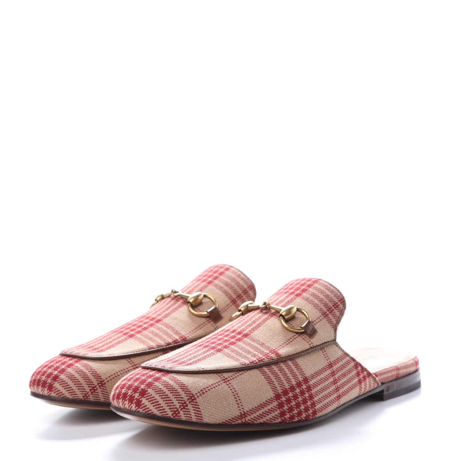 Gucci Canvas Tartan Mens Princetown Slippers 8.5 Camel Red Cuir 3 of 9