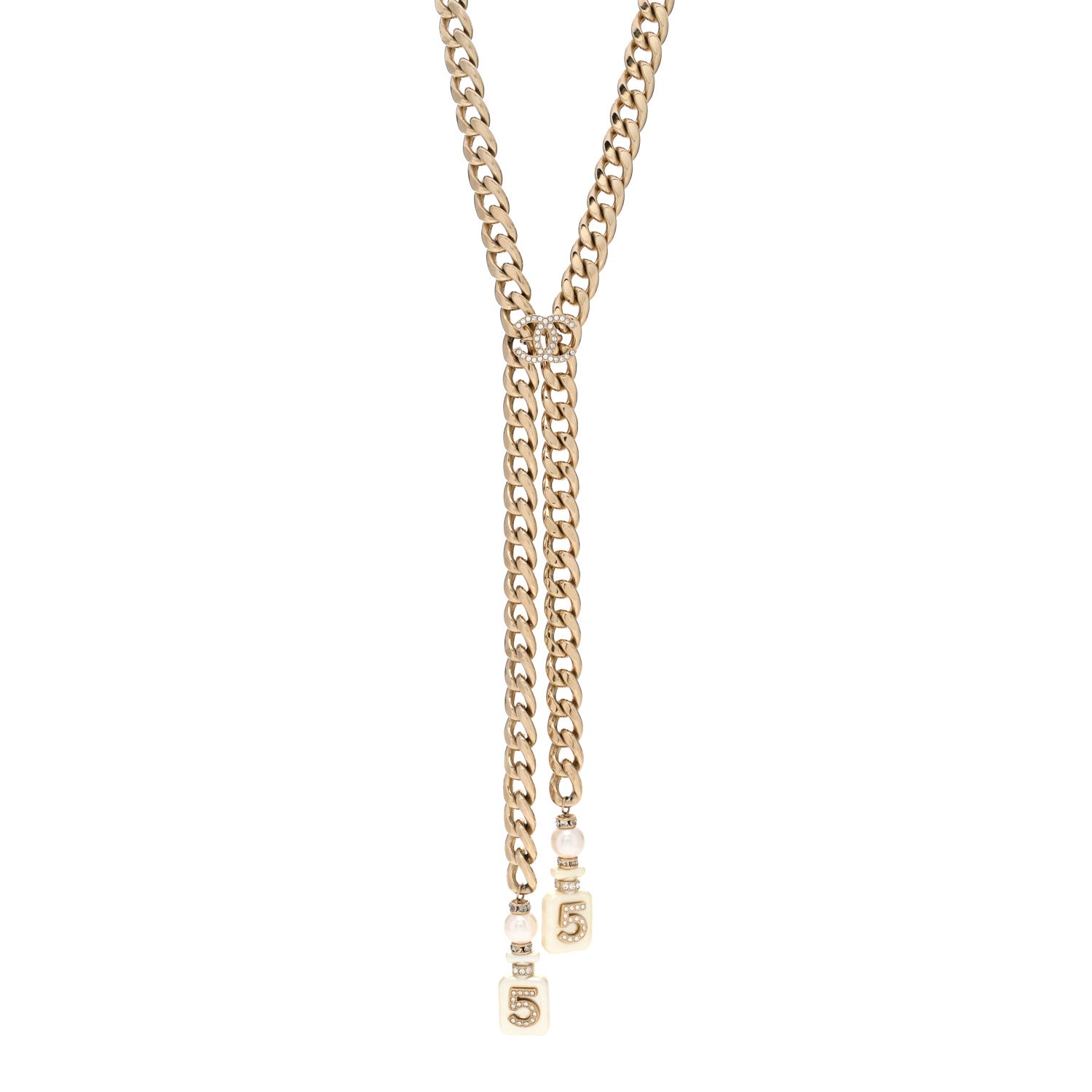 Chanel Pearl Resin Crystal CC No 5 Perfume Bottle Chain Gold 1 of 6