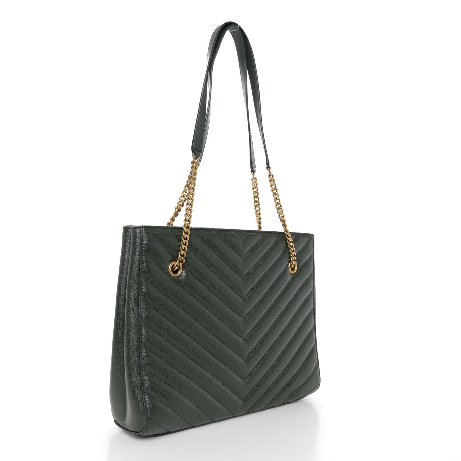 Saint Laurent Grain de Poudre Matelasse Chevron Medium Tribeca Shopping Bag Vert Fonce 3 of 11
