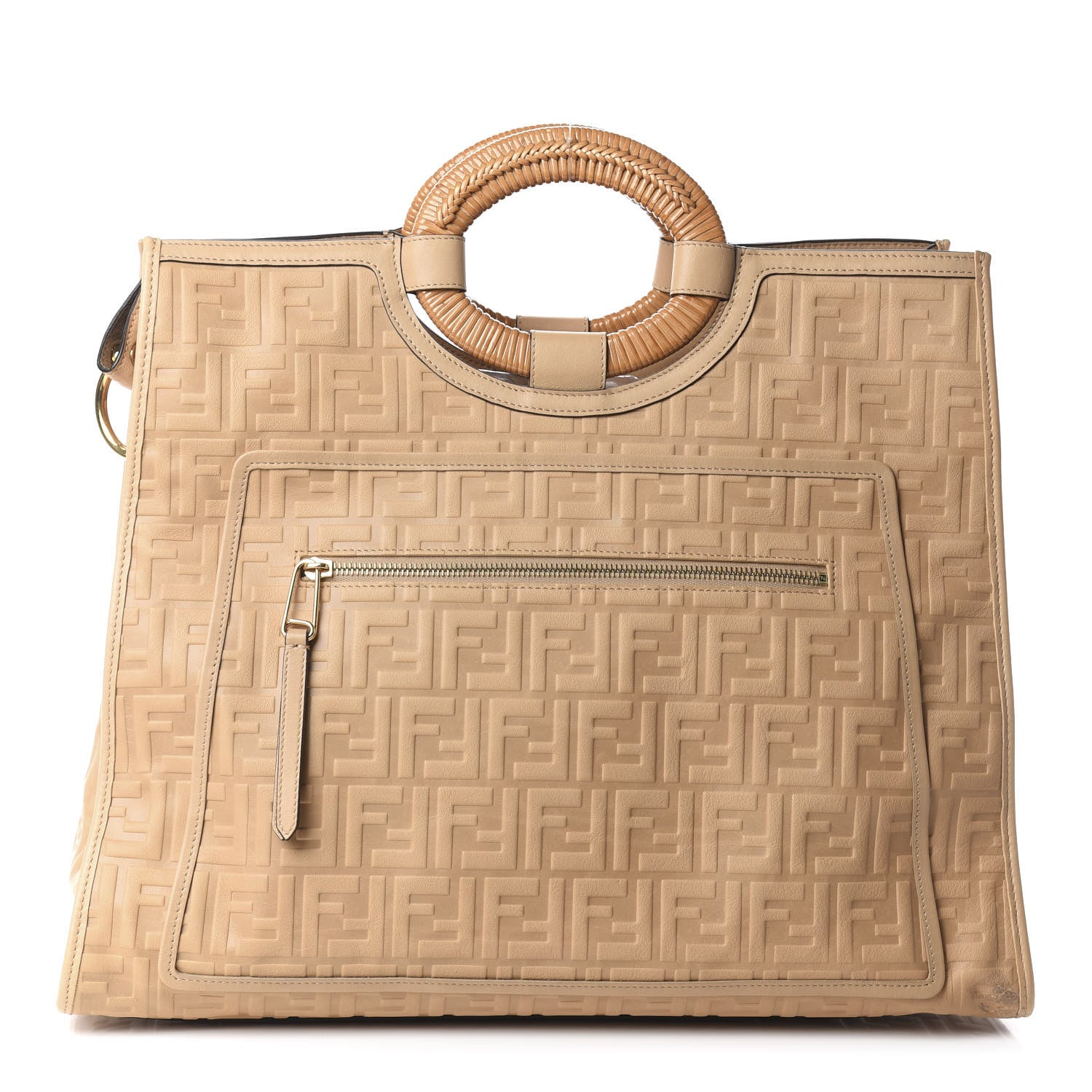 Fendi Vitello Cristallo Nature Wicker FF 1974 Embossed Large Runaway Shopper Tote Makeup 1 of 8