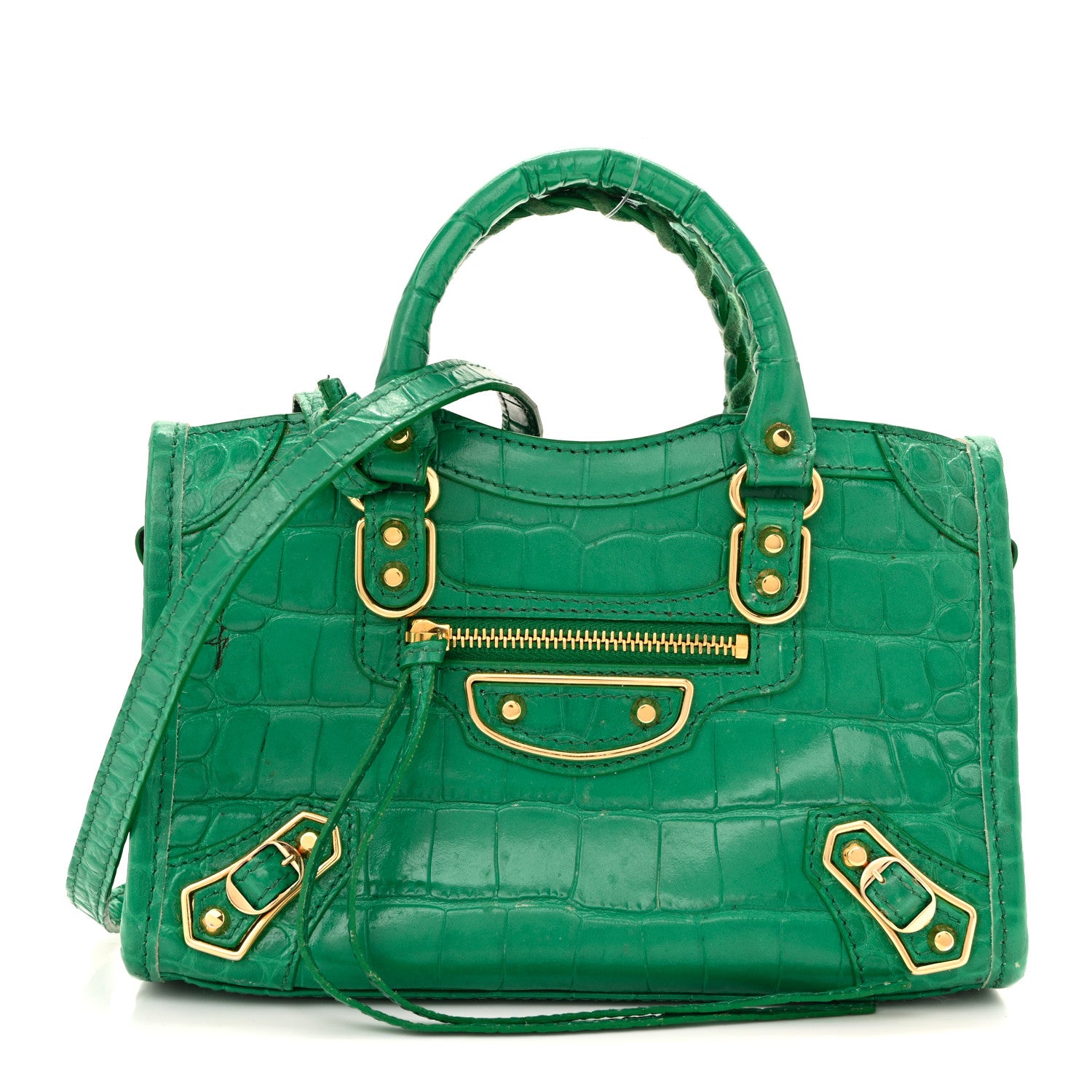 Balenciaga Shiny Supple Calfskin Crocodile Embossed Gold Metallic Edge Hardware Nano City Leaf Green 1 of 16