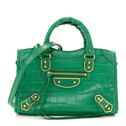 Balenciaga Shiny Supple Calfskin Crocodile Embossed Gold Metallic Edge Hardware Nano City Leaf Green 1 of 16