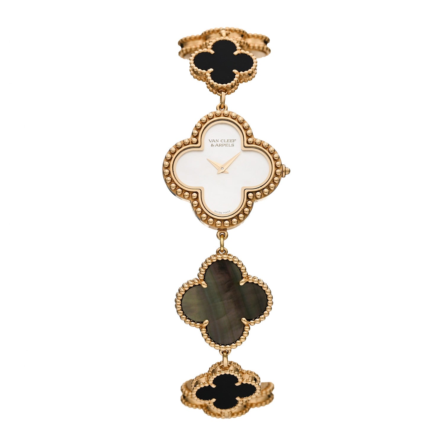 Van Cleef & Arpels 18K Yellow Gold Mother of Pearl Black Onyx 26mm Alhambra Quartz Watch 1 of 5