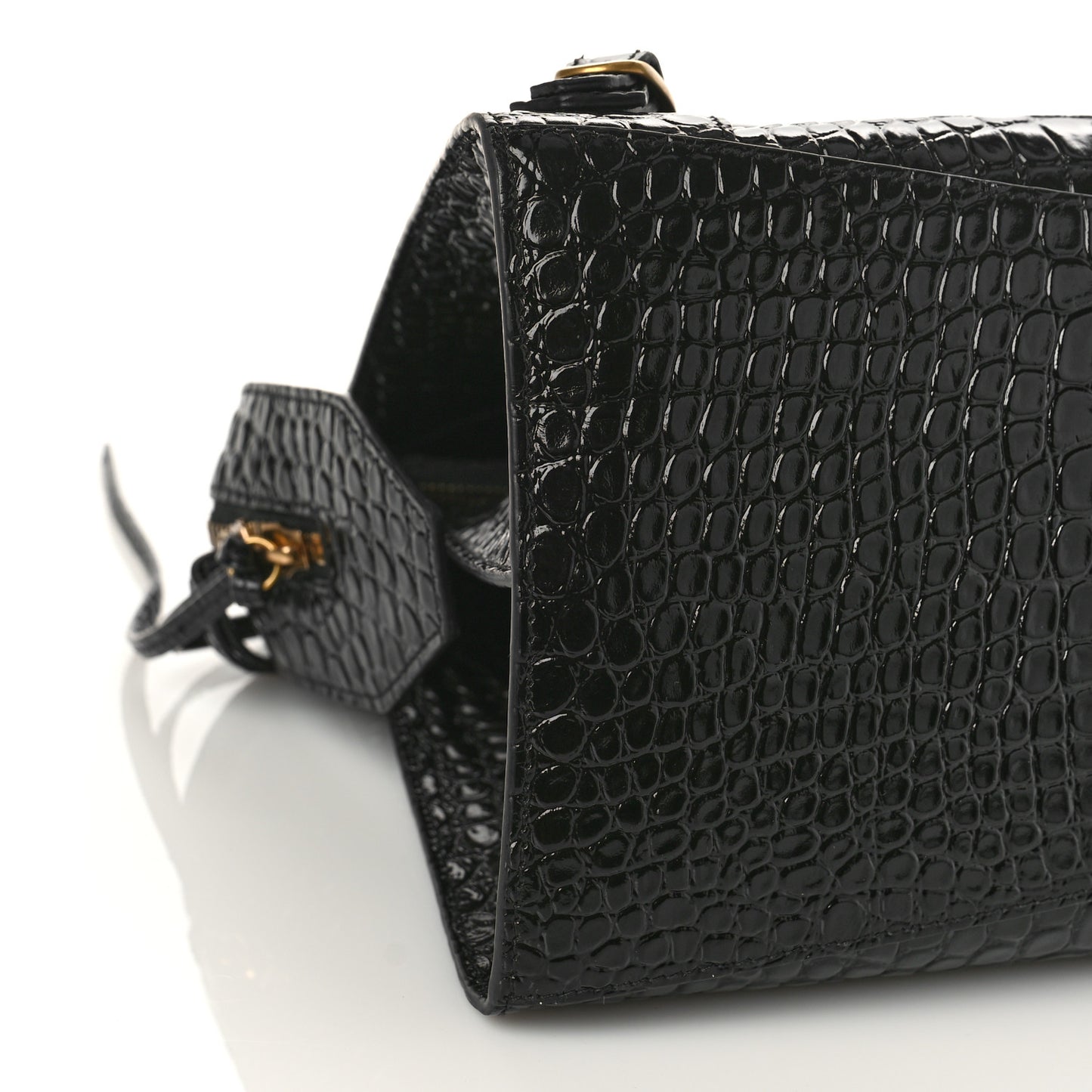 Shiny Supple Calfskin Crocodile Embossed Brass Hardware Neo Classic City Black