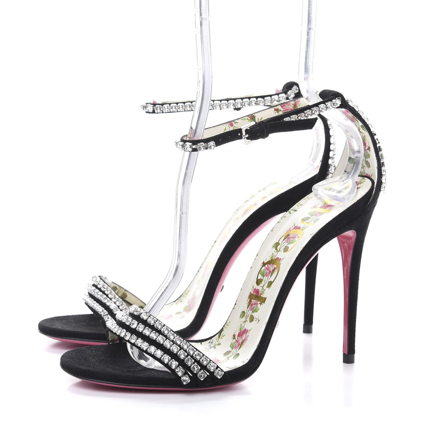 Kid Scamosciato Crystal Ankle Strap High Heel Sandals 37.5 Black
