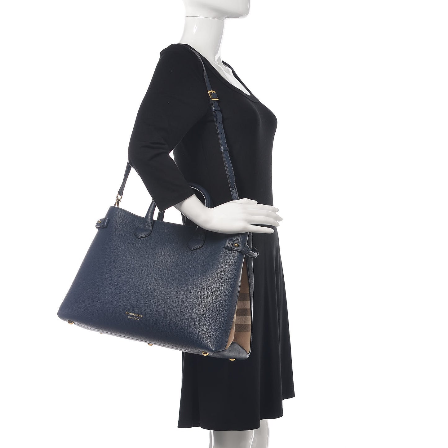 Grainy Calfskin House Check Large Banner Tote Ink Blue