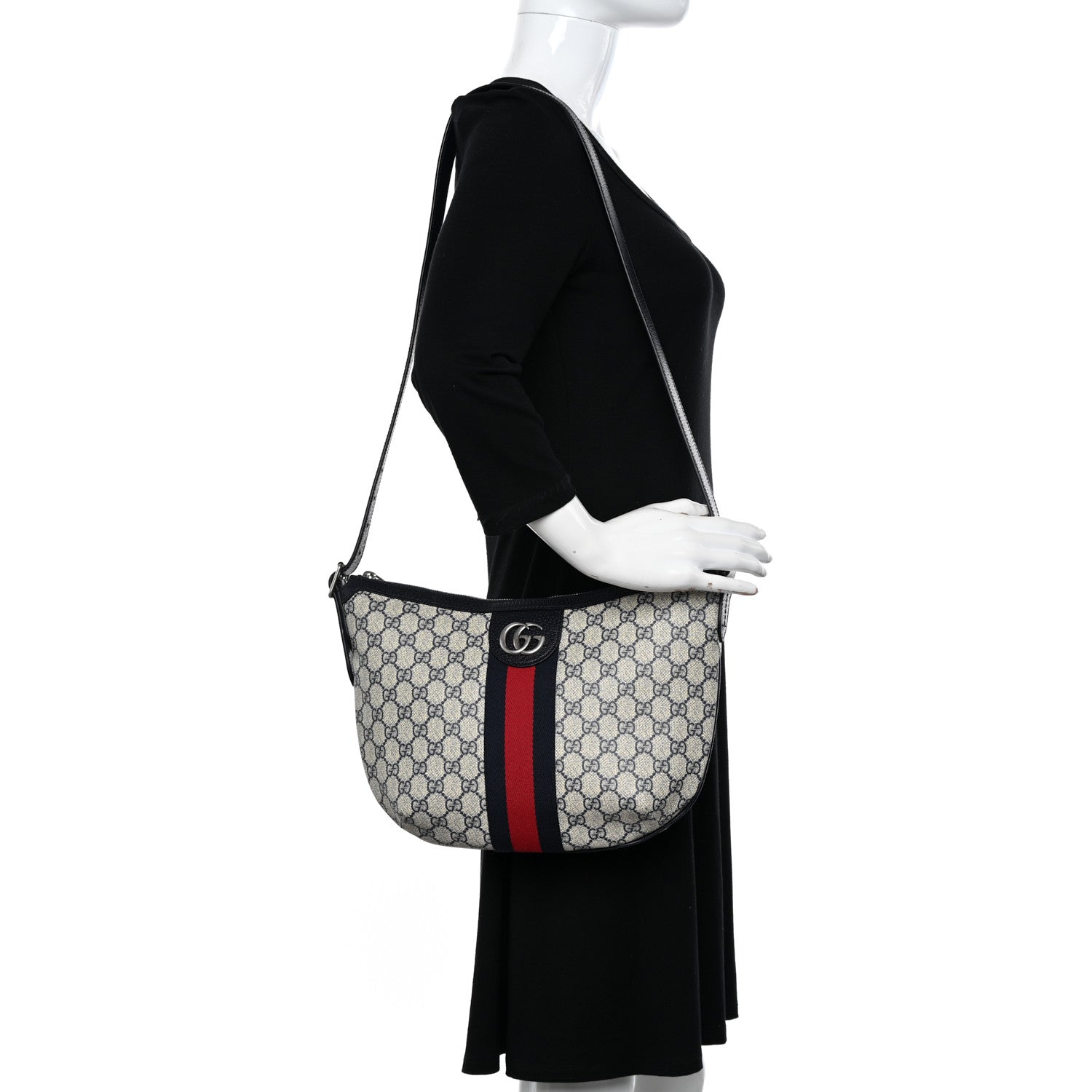 Gucci GG Supreme Monogram Textured Dollar Calfskin Web Small Ophidia Half Moon Hobo Beige Blue 2 of 10