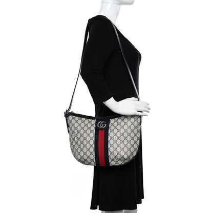 Gucci GG Supreme Monogram Textured Dollar Calfskin Web Small Ophidia Half Moon Hobo Beige Blue 2 of 10