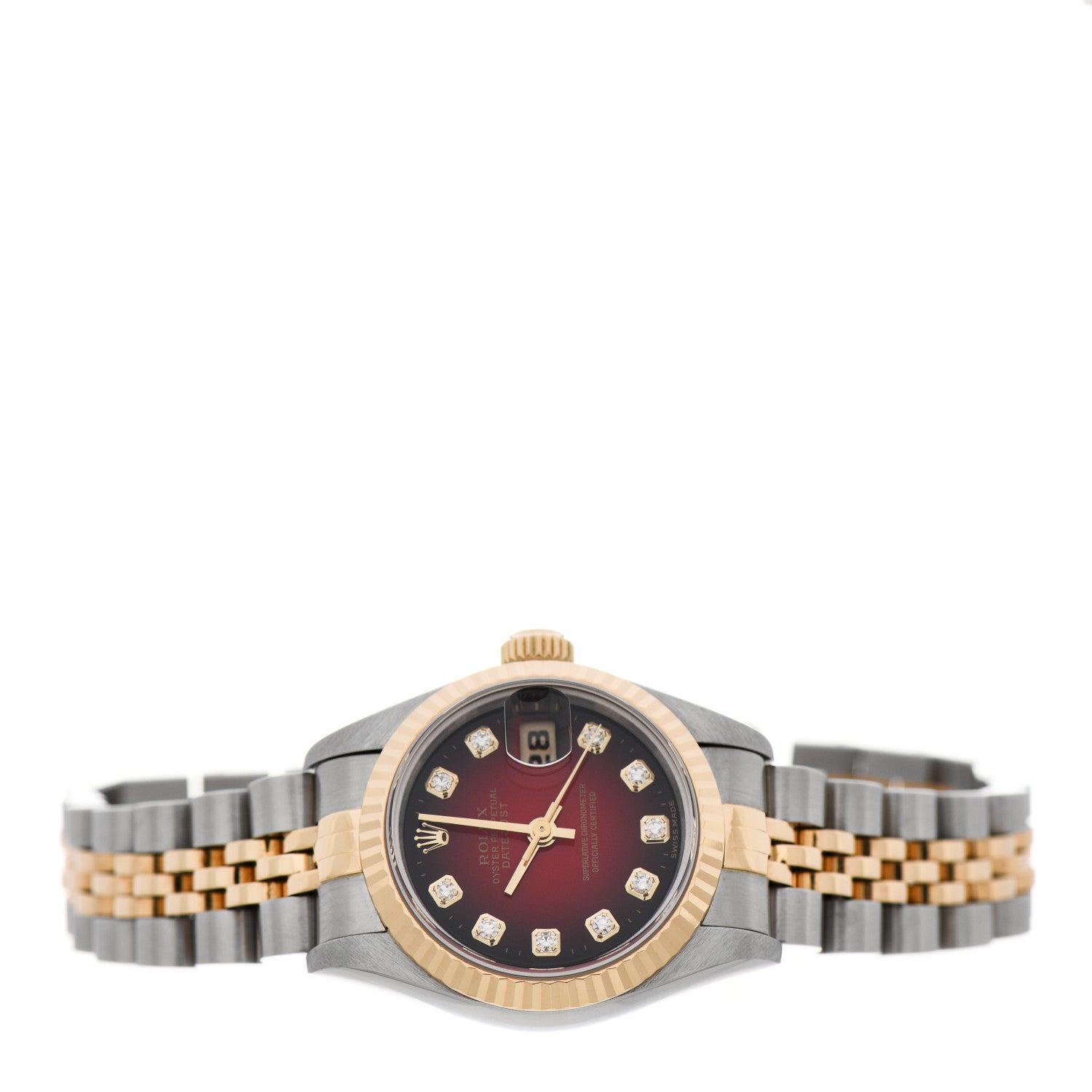 Rolex Stainless Steel 18K Yellow Gold Diamond 26mm Oyster Perpetual Datejust Watch Red Gradient 69173 2 of 5