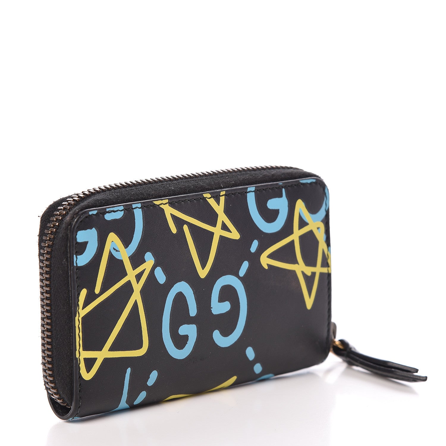 Gucci Calfskin GucciGhost Zip Around Card Case Black New Acquamarine 3 of 7