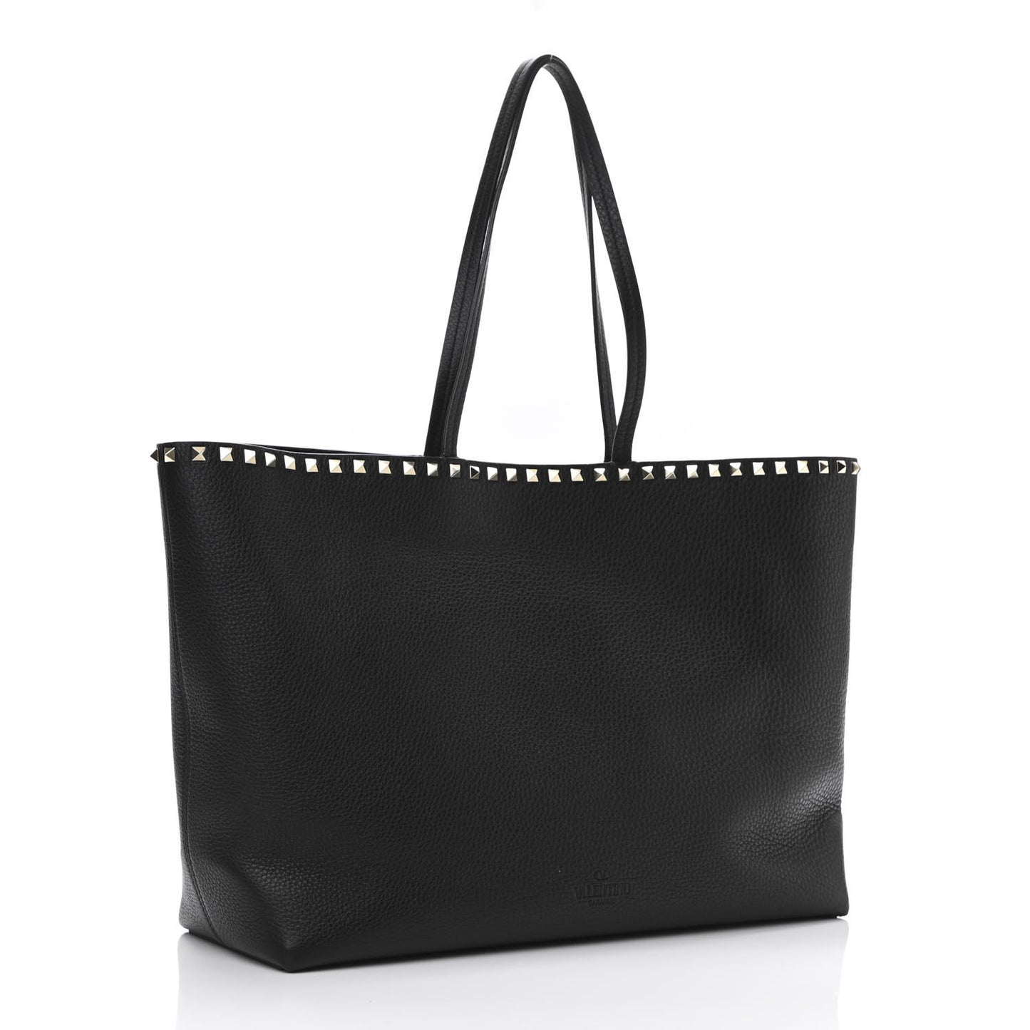 Grained Calfskin Rockstud Shoulder Tote Black