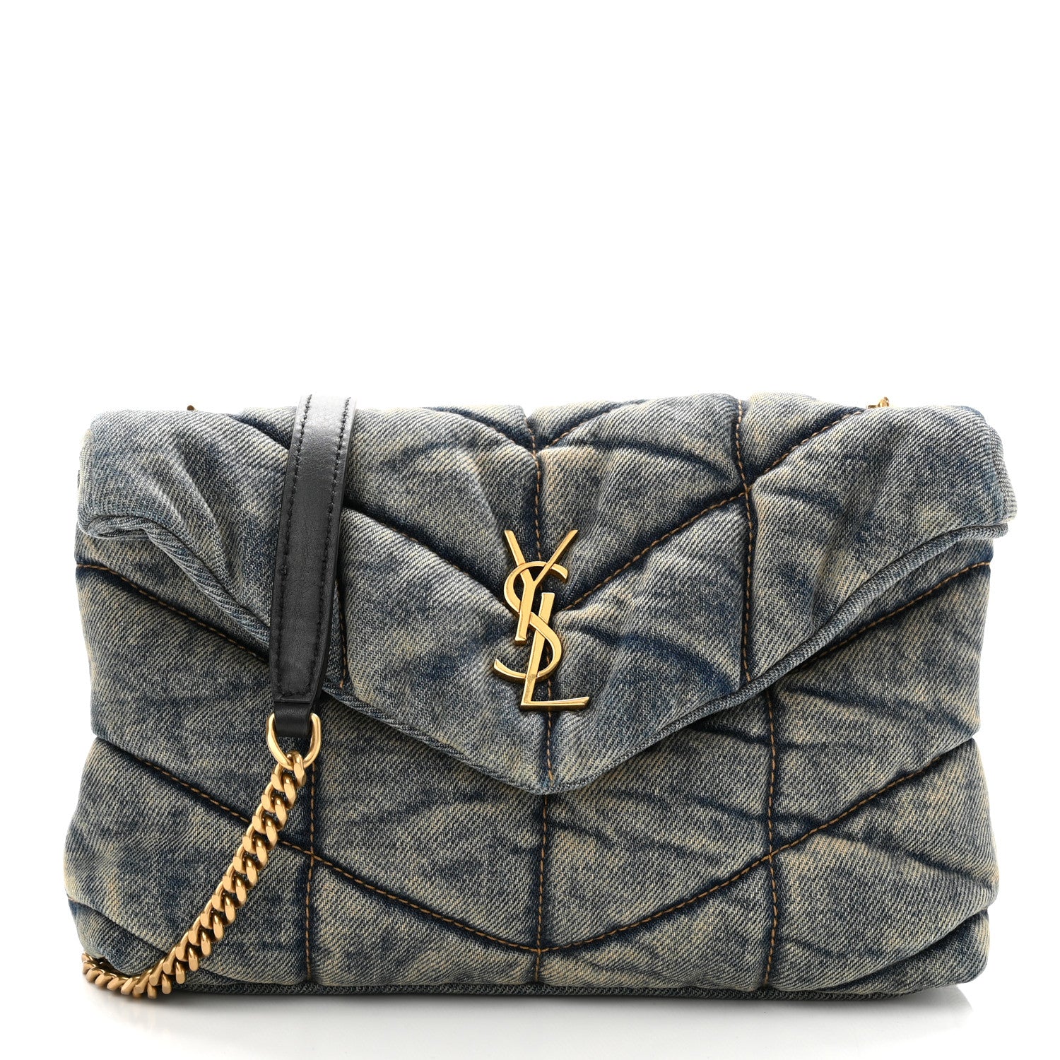 Saint Laurent Denim Quilted Toy Loulou Puffer Monogram Chain Satchel Blue Black 1 of 10