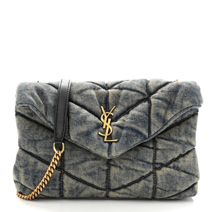Saint Laurent Denim Quilted Toy Loulou Puffer Monogram Chain Satchel Blue Black 1 of 10