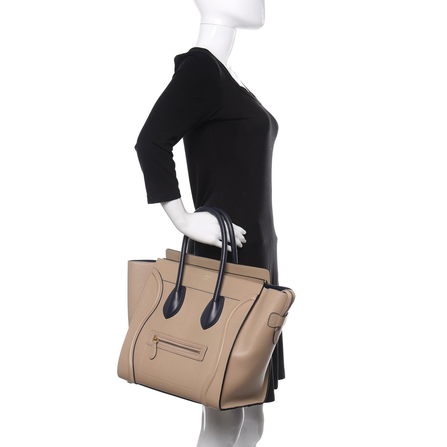 Celine Drummed Calfskin Mini Bi-Color Luggage Navy Dune 2 of 17