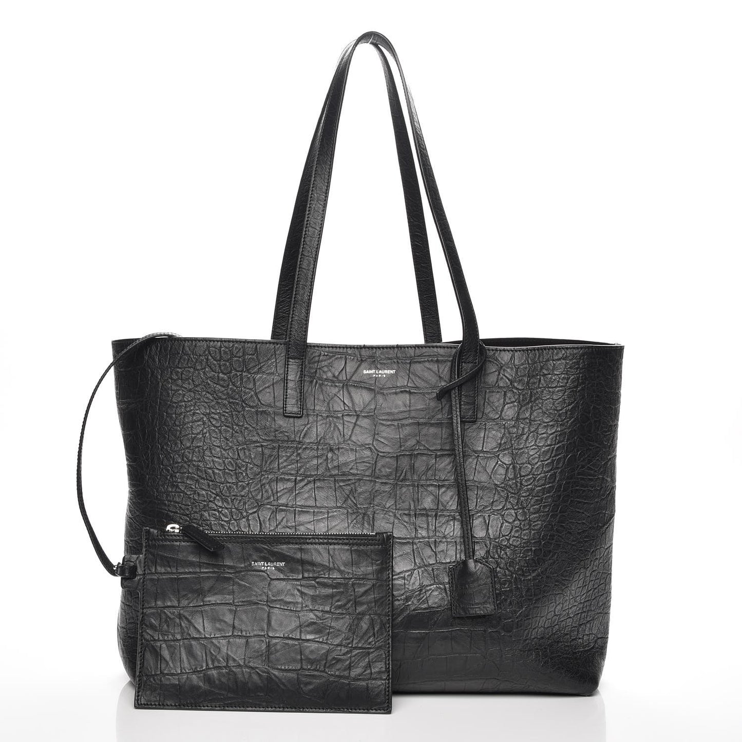 Calfskin Crocodile Embossed Large Shopper Tote Black