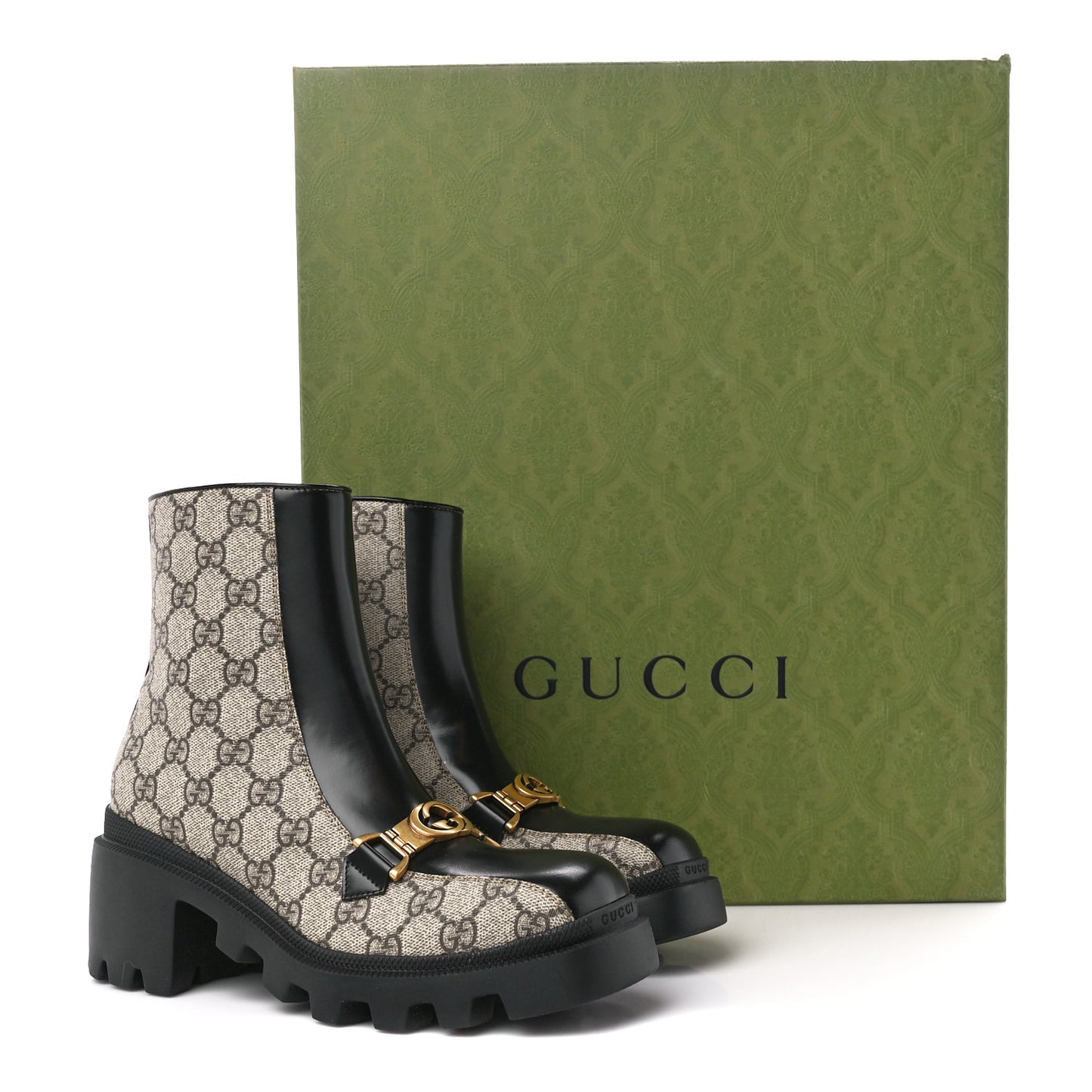 GG Supreme Monogram Magnum Calfskin Interlocking G Womens Lug Sole Ankle Boots 36 Beige Ebony Black