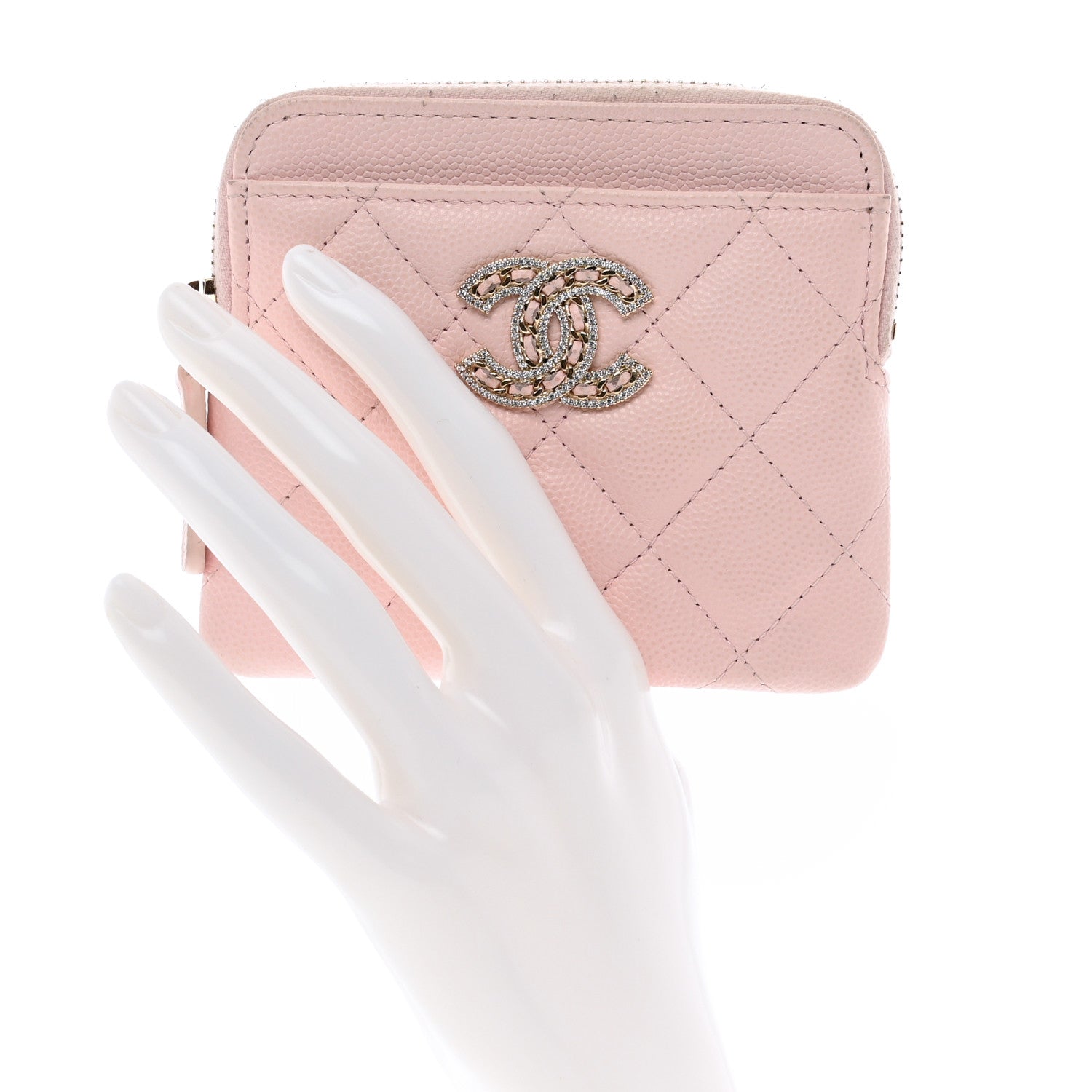 Chanel Caviar Quilted Crystal Zip Card Holder Wallet Light Pink 2 of 7