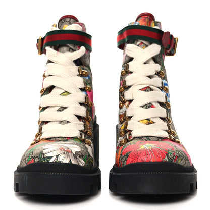 Gucci GG Supreme Monogram Flora Lace Up Combat Ankle Boots 38 Beige Multicolor Red 3 of 8
