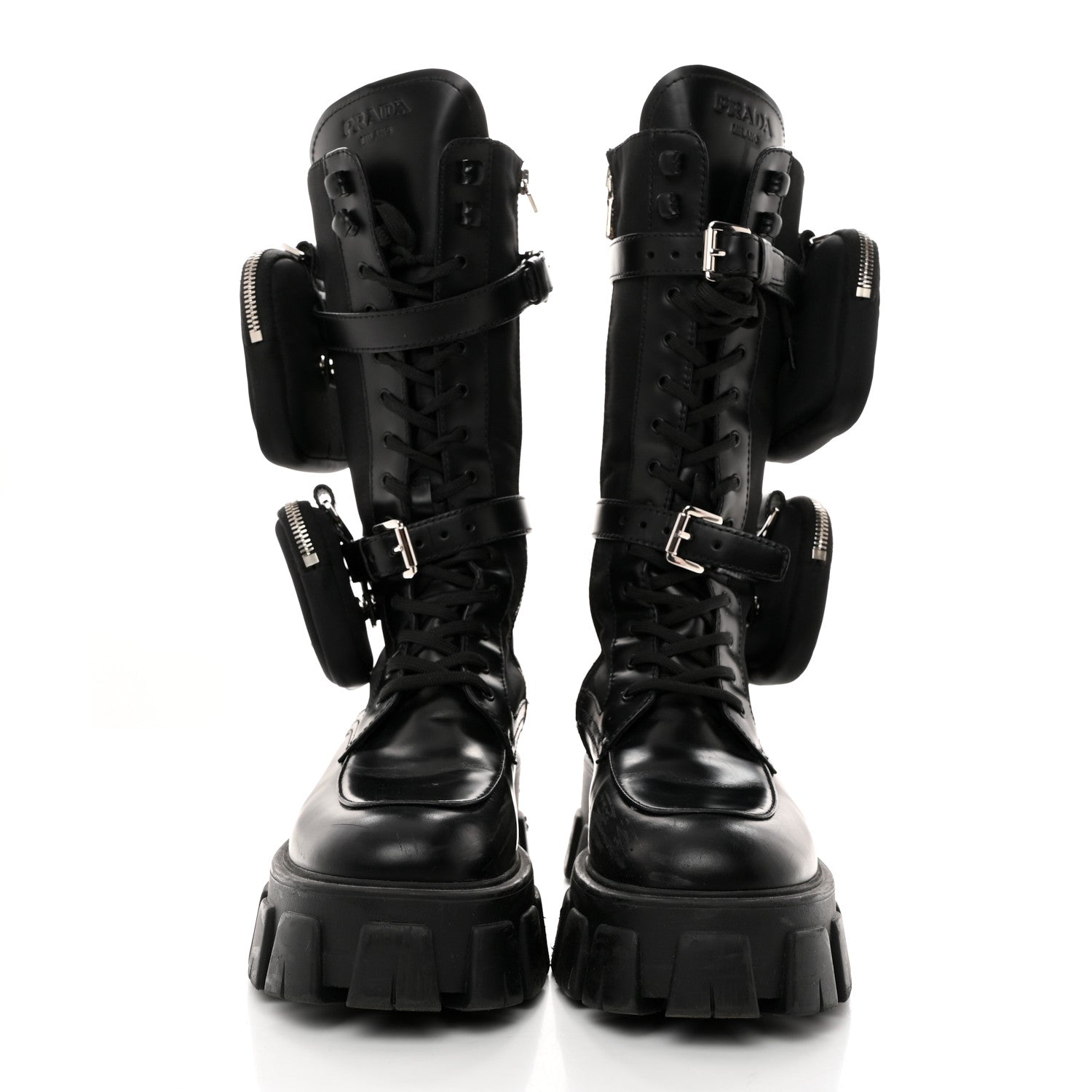 Prada Spazzolato Rois Re-Nylon Metal Triangle Logo Monolith Pouch Pocket 55mm Tall Combat Boots 39 Black 2 of 8