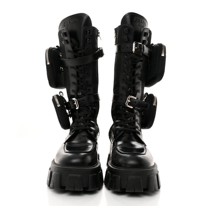 Prada Spazzolato Rois Re-Nylon Metal Triangle Logo Monolith Pouch Pocket 55mm Tall Combat Boots 39 Black 2 of 8
