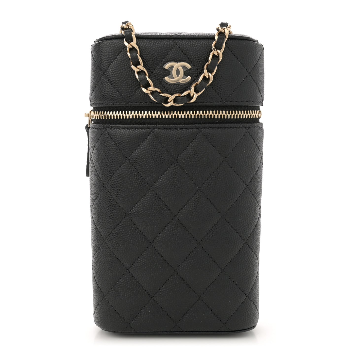 Caviar Quilted Phone Holder With Chain Black