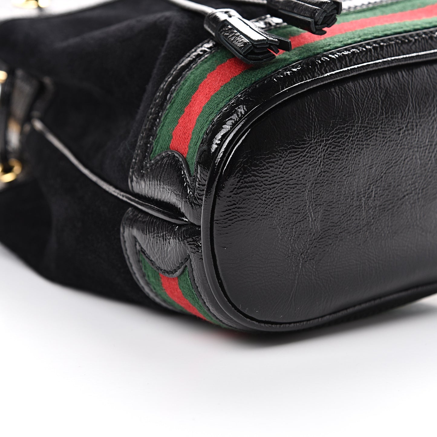 Suede Patent Web Small Ophidia Bucket Bag Black