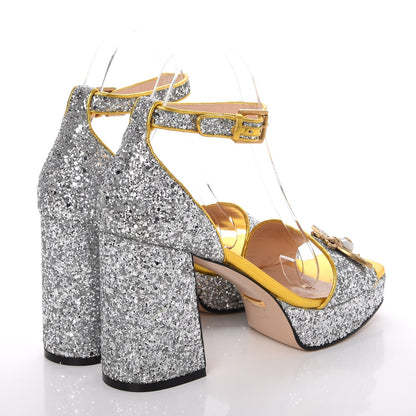 Gucci Glitter Soko Bee Platform Mid Heel Sandals 38.5 Argento Oro Vecchio 4 of 10