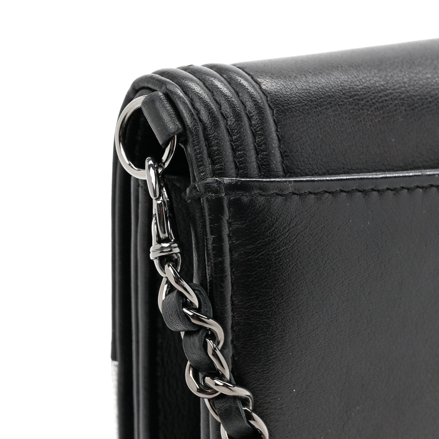 Chanel Metallic Goatskin Boy Wallet On Removable Chain WOC Black Silver 16 of 19
