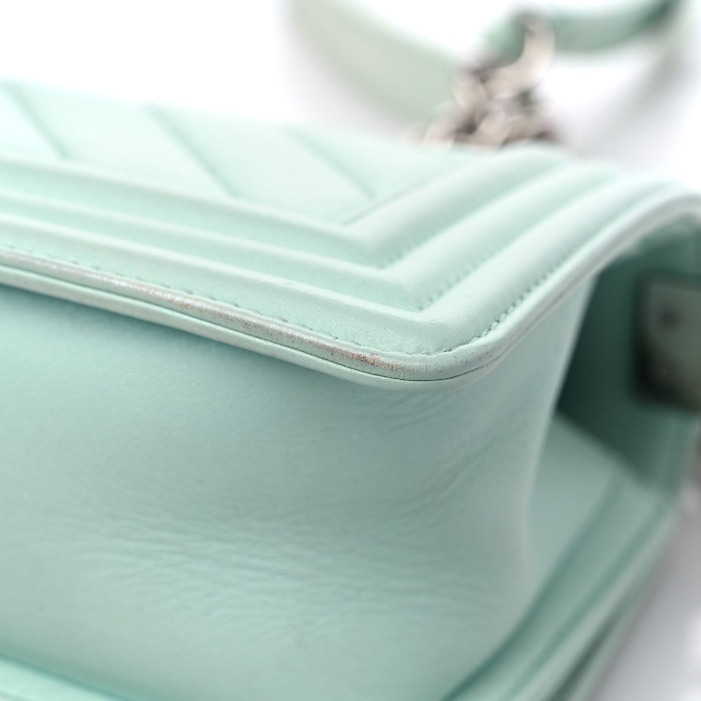 Iridescent Lambskin Chevron Quilted Small Boy Flap Turquoise