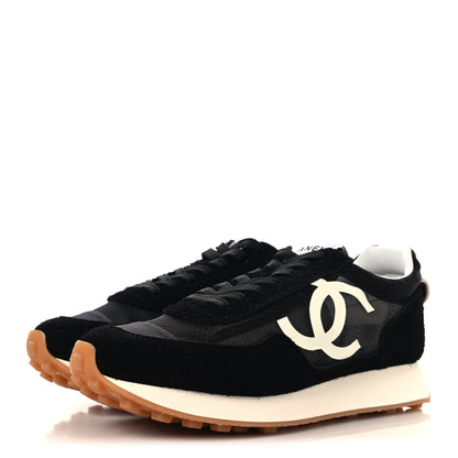 Chanel Mesh Suede Calfskin Womens Logo Sneakers 37 Black White 4 of 9
