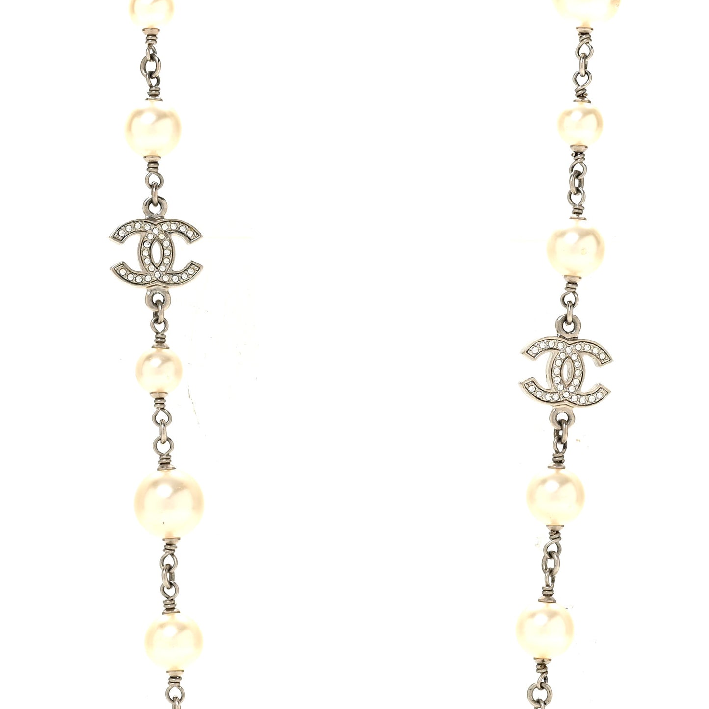 Graduated Pearl Crystal CC Long Necklace Silver