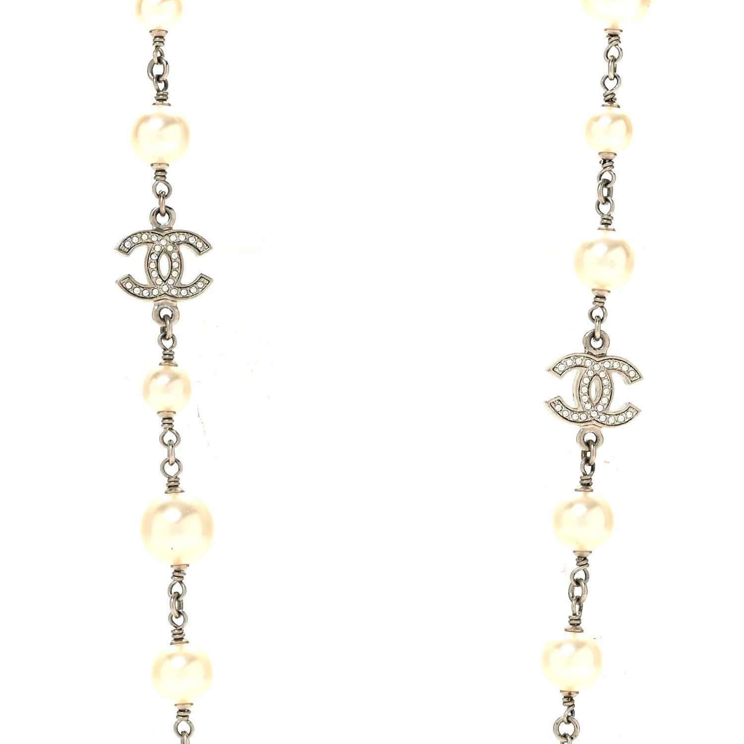 Chanel Graduated Pearl Crystal CC Long Necklace Silver 4 of 6