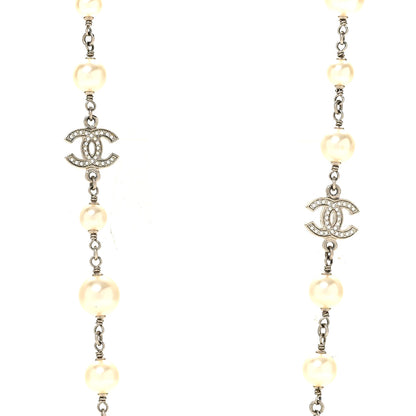 Chanel Graduated Pearl Crystal CC Long Necklace Silver 4 of 6
