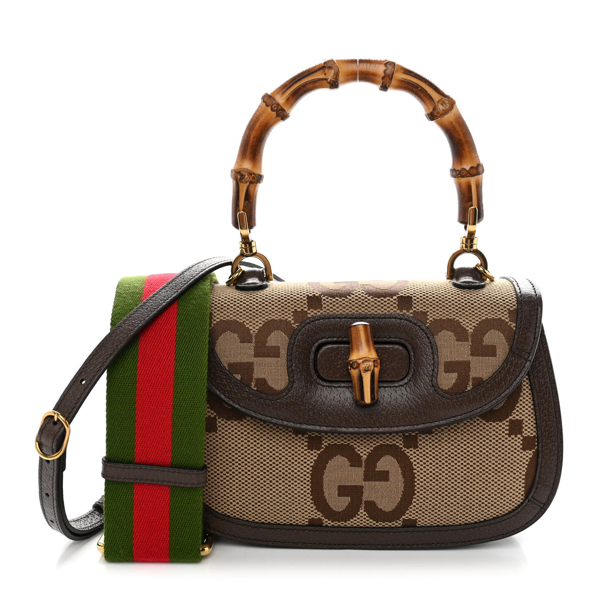Gucci Monogram Jumbo GG Textured Dollar Calfskin Web Small Bamboo 1947 Top Handle Bag Camel Ebony New Acero 1 of 10