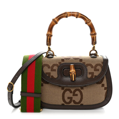 Gucci Monogram Jumbo GG Textured Dollar Calfskin Web Small Bamboo 1947 Top Handle Bag Camel Ebony New Acero 1 of 10