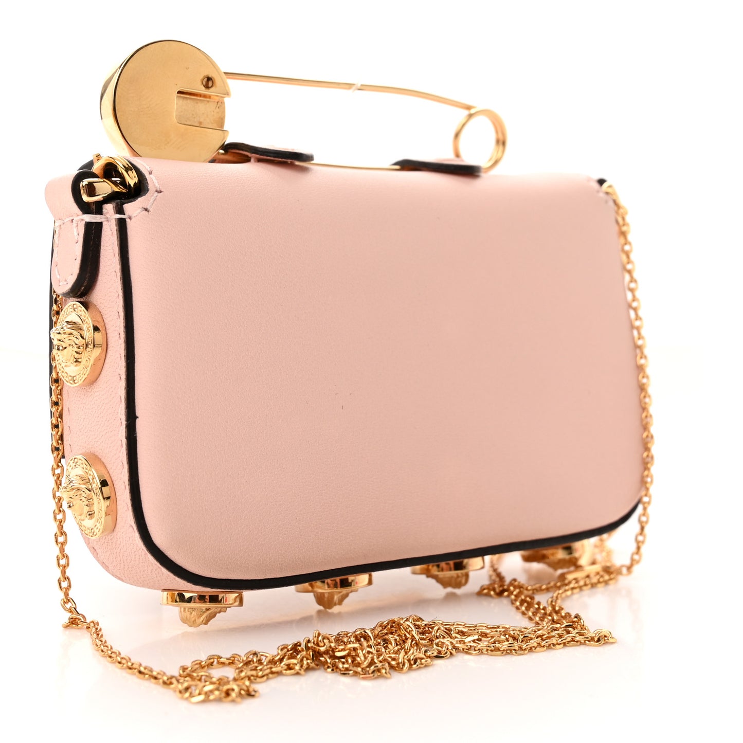 X VERSACE Vitello Seta Fendace Studded Nano Brooch Baguette Rosa Confetto