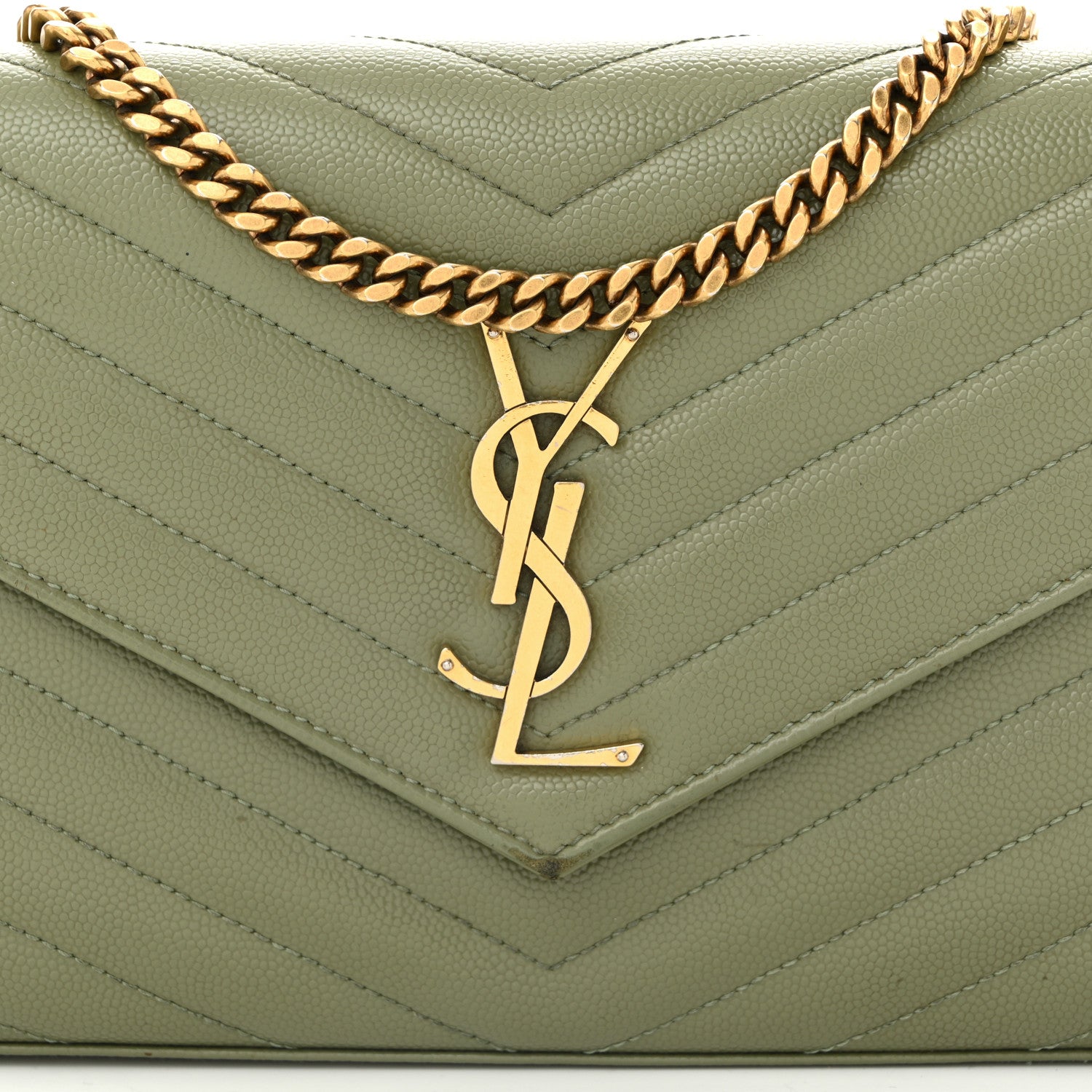 Saint Laurent Grain De Poudre Matelasse Chevron Monogram Chain Wallet Pistachio 9 of 16