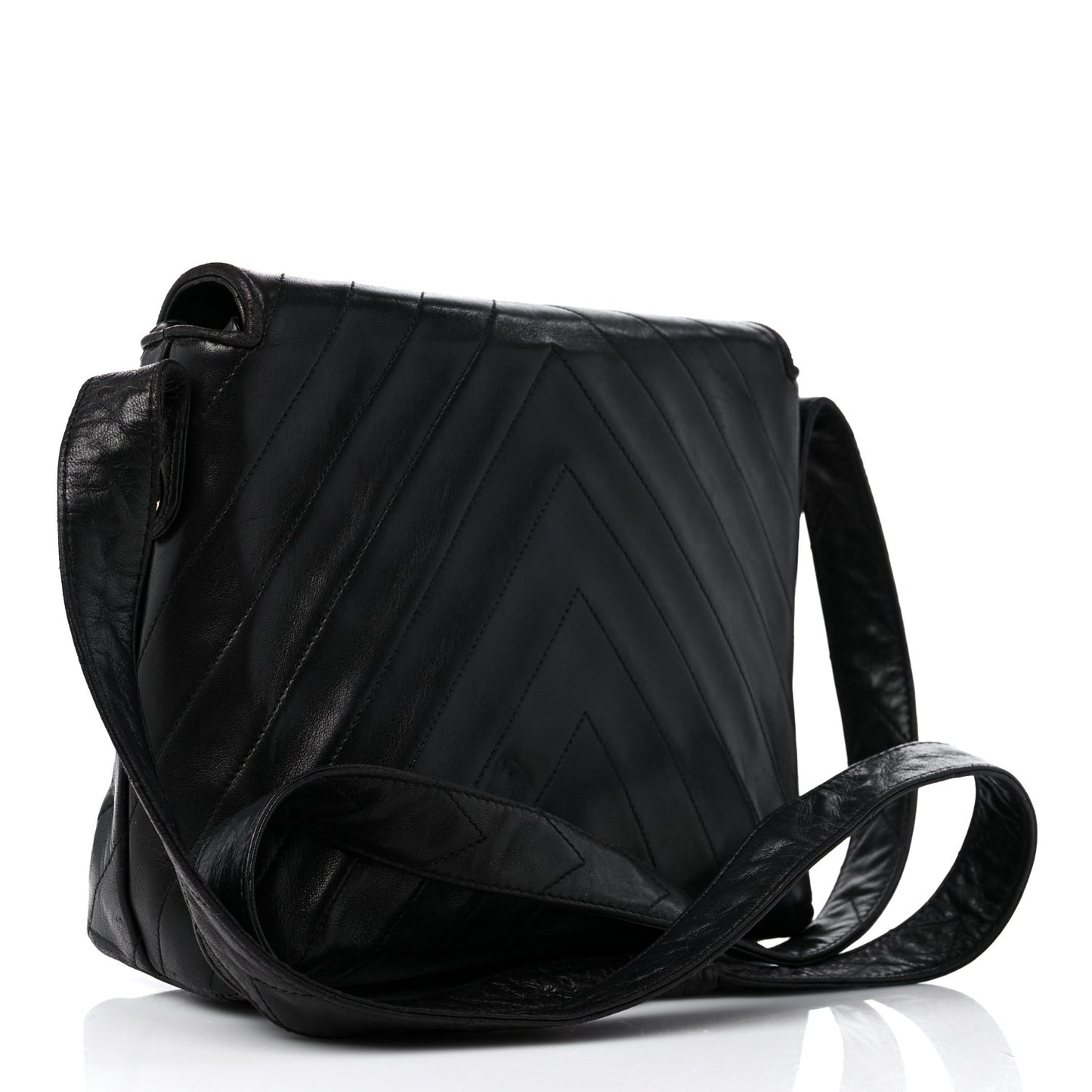 Lambskin Chevron Quilted Flap Shoulder Bag Black