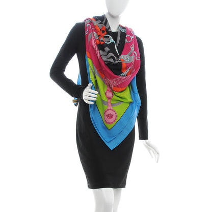 Hermes Cashmere Silk La Promenade Du Matin Shawl 140 Bleu Azur Vert Fluo Fuchsia 2 of 7
