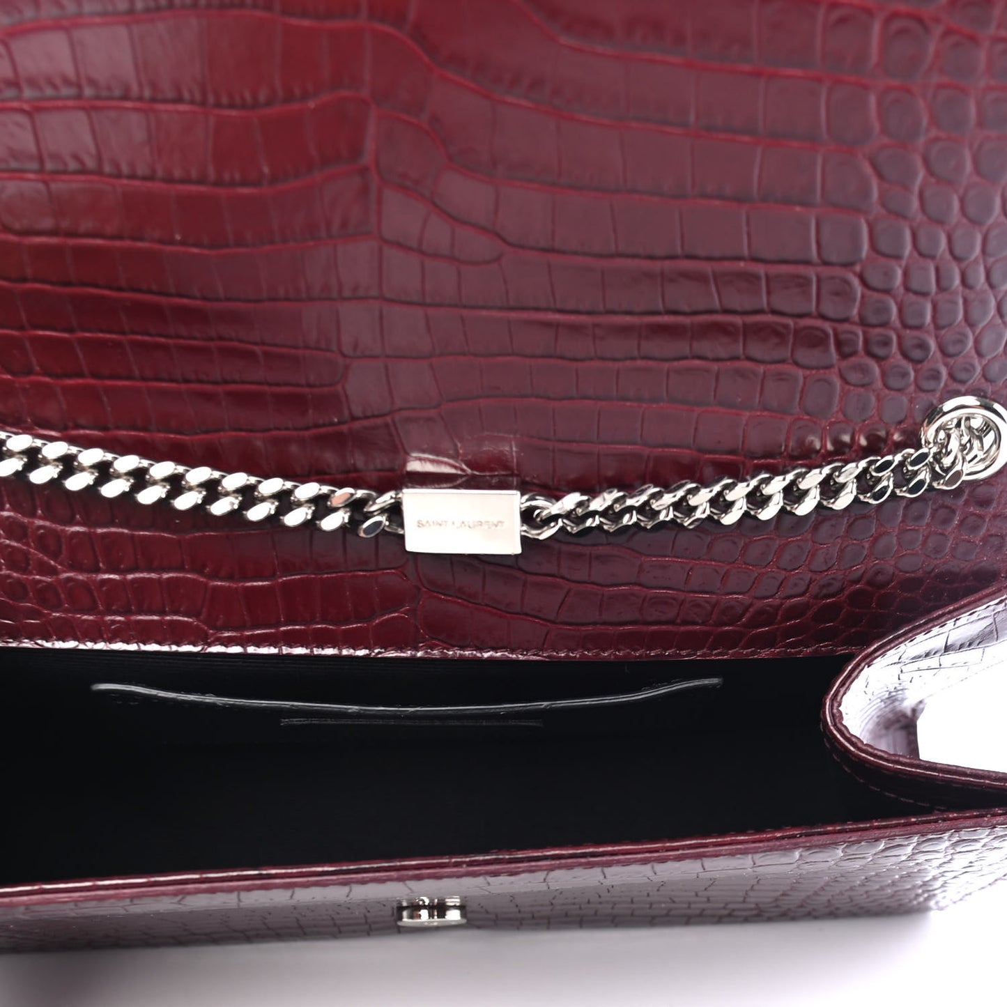 Calfskin Crocodile Embossed Medium Classic Monogram Kate Tassel Satchel Dark Red