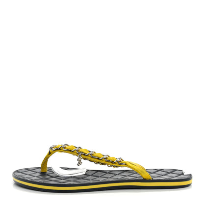 Chanel Suede Calfskin Quilted Chain Thong Sandals 37 Yellow 1 of 13