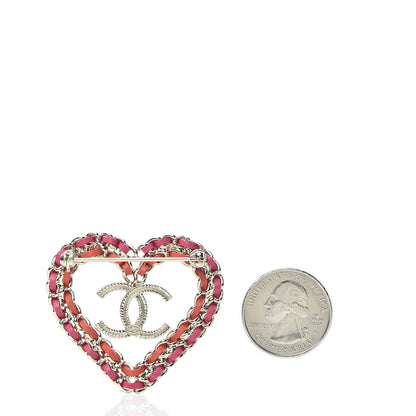 Chanel Metal Calfskin Braided Heart CC Brooch Pink Red Gold 2 of 3