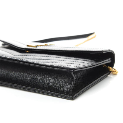 Saint Laurent Grain De Poudre Matelasse Chevron Monogram Envelope Chain Wallet Black 6 of 10