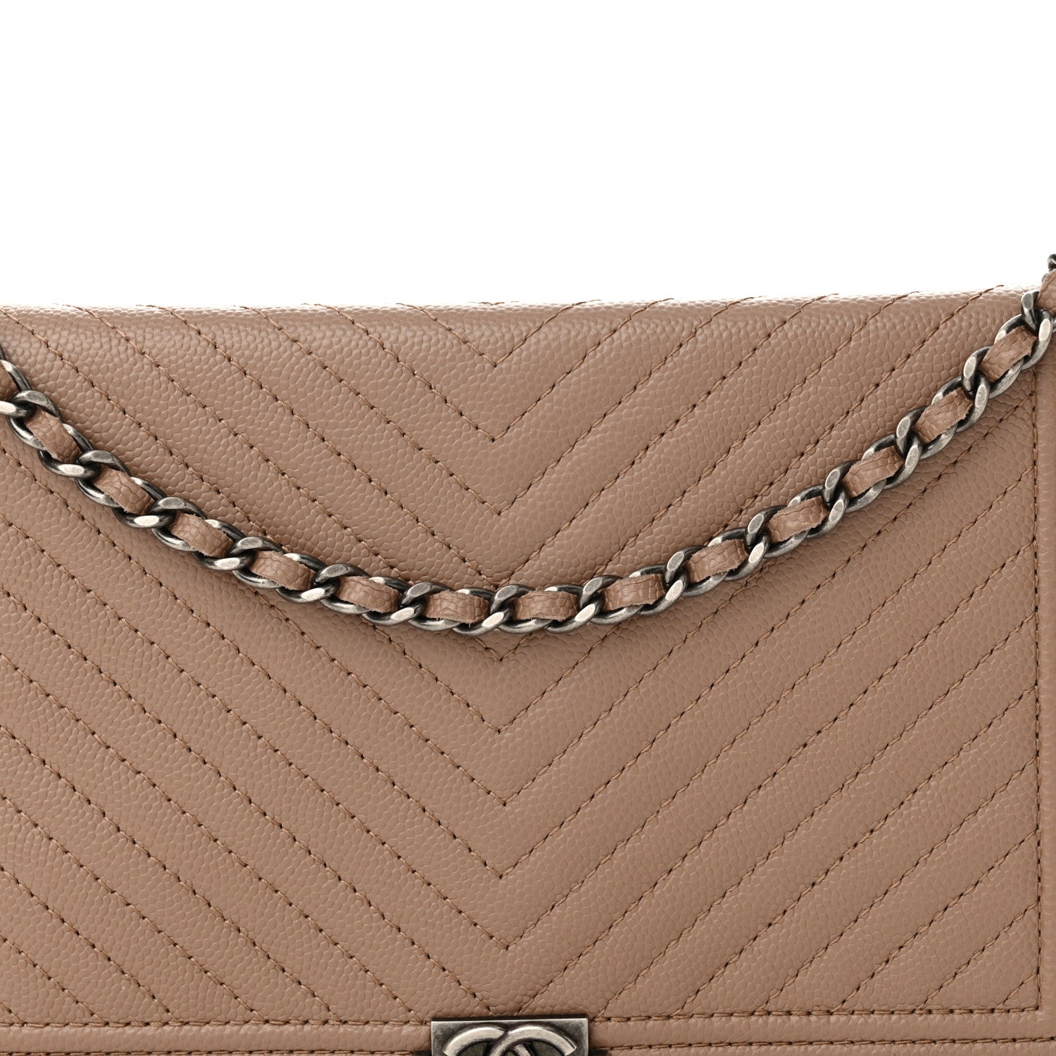 Chanel Caviar Chevron Quilted Boy Wallet On Chain WOC Dark Beige 9 of 15